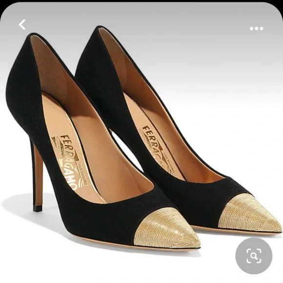 Salvatore Ferragamo Black with Gold Toe More Suede Chain Cap-toe Pumps